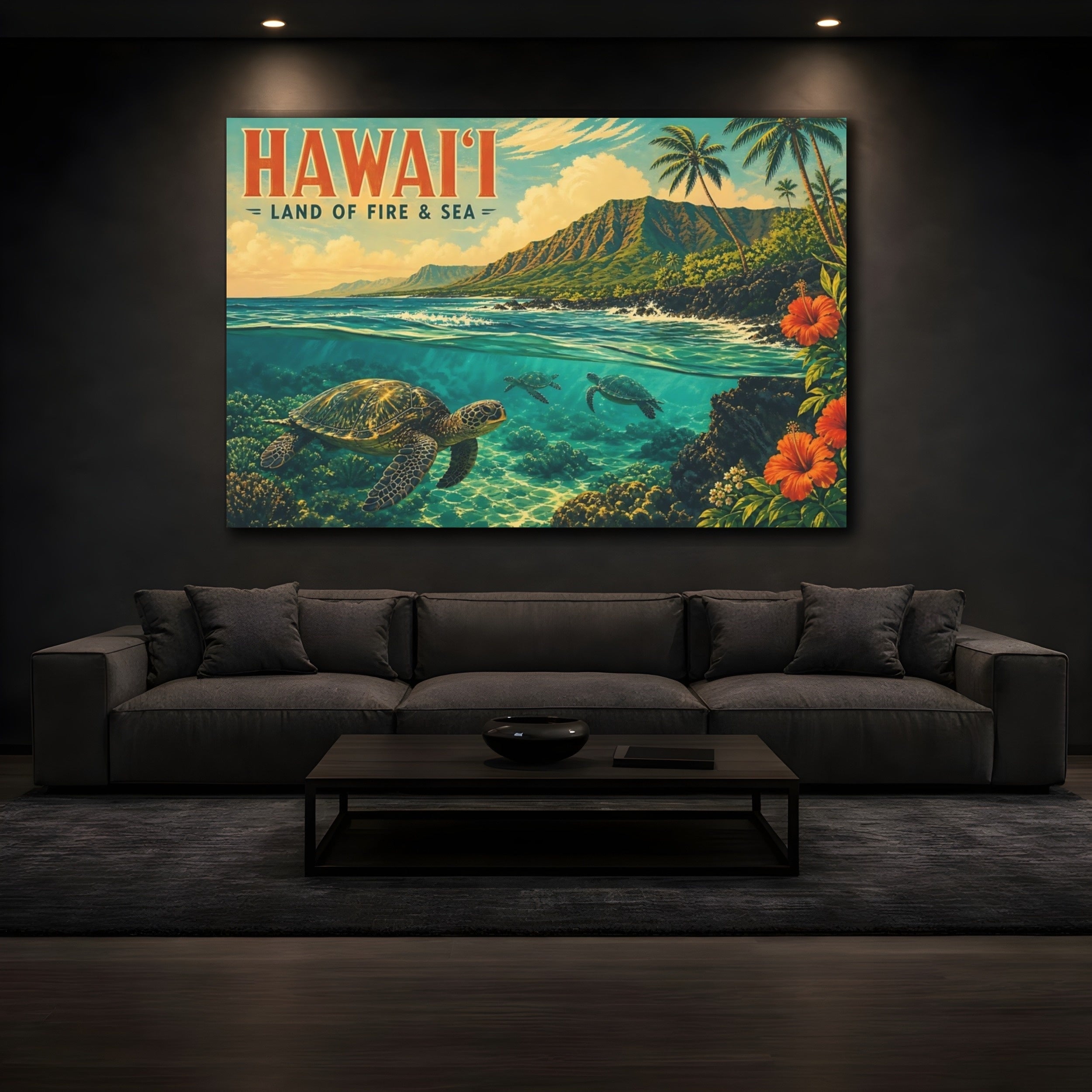 Mockup 3. Nature Sea Turtles Hawaii Tropical shown as stretched canvas wall art