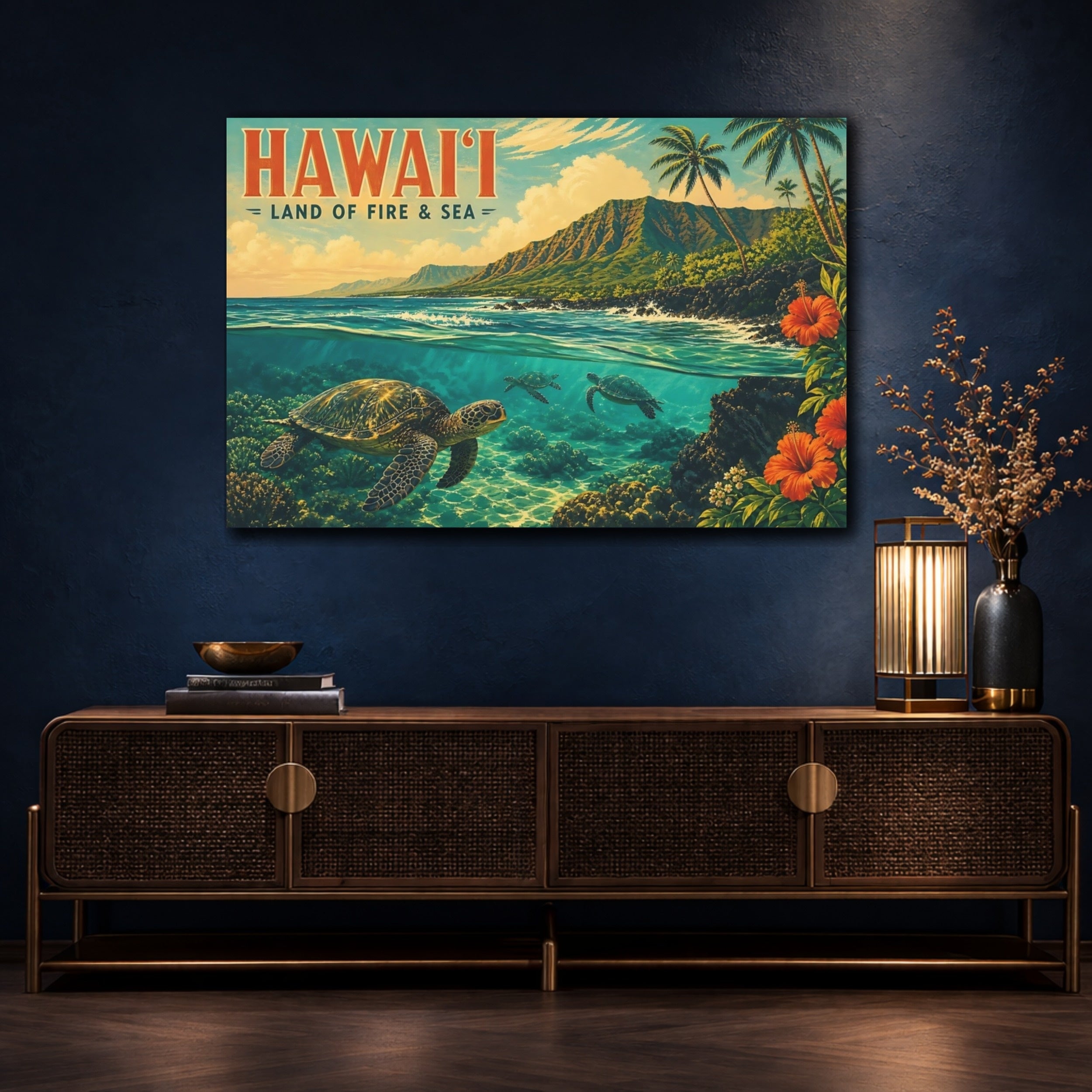 Mockup 4. Nature Sea Turtles Hawaii Tropical shown as stretched canvas wall art