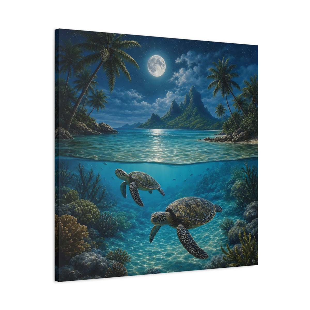 Side Mockup 3. Nature Sea Turtles Moonlit Ocean Turtles shown as stretched canvas wall art