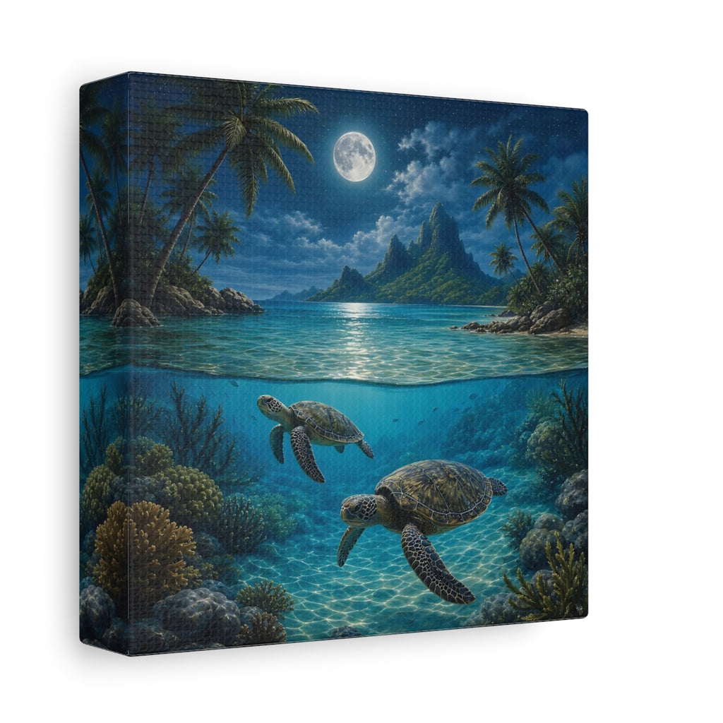 Side Mockup 2. Nature Sea Turtles Moonlit Ocean Turtles shown as stretched canvas wall art