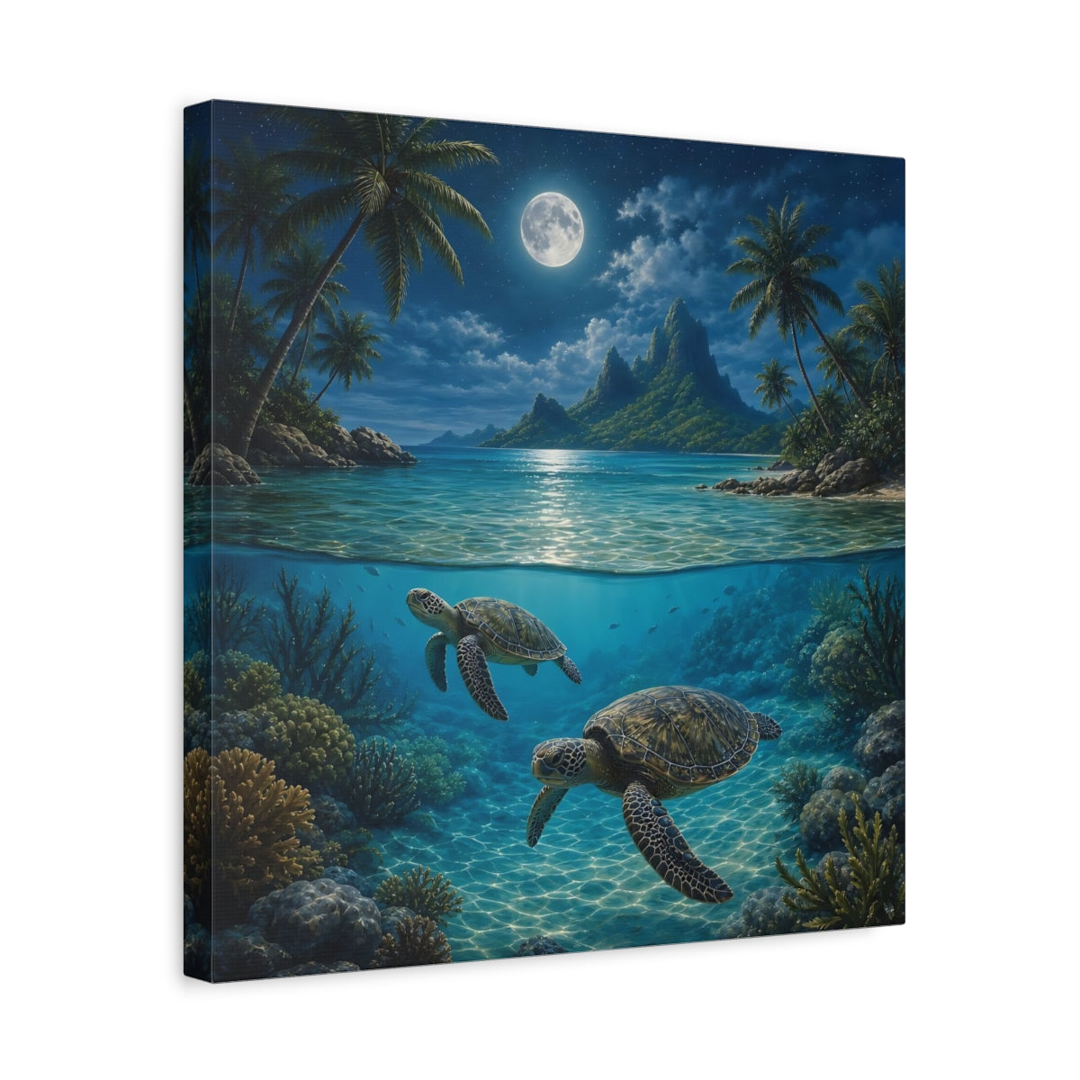 Side Mockup 6. Nature Sea Turtles Moonlit Ocean Turtles shown as stretched canvas wall art