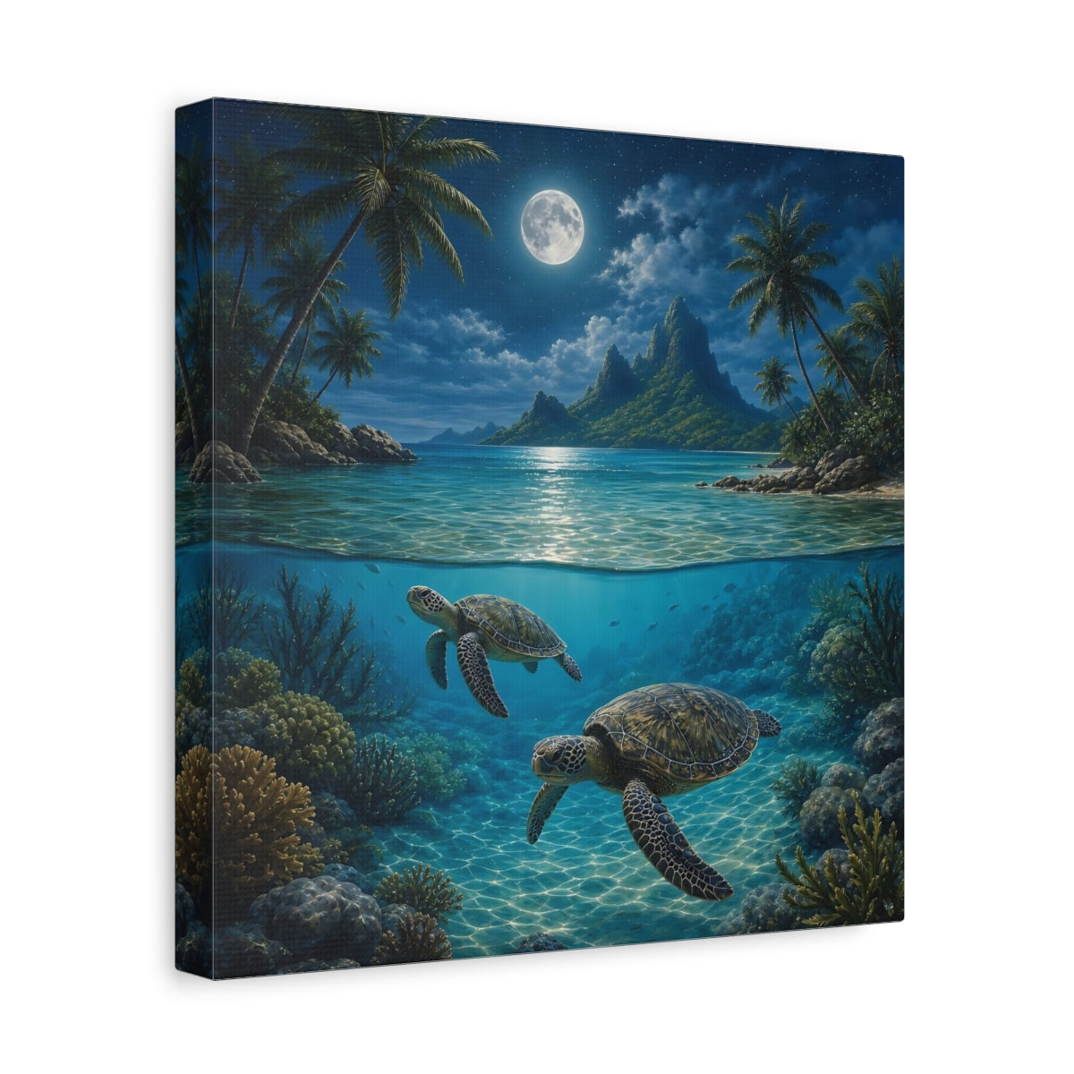 Side Mockup 8. Nature Sea Turtles Moonlit Ocean Turtles shown as stretched canvas wall art