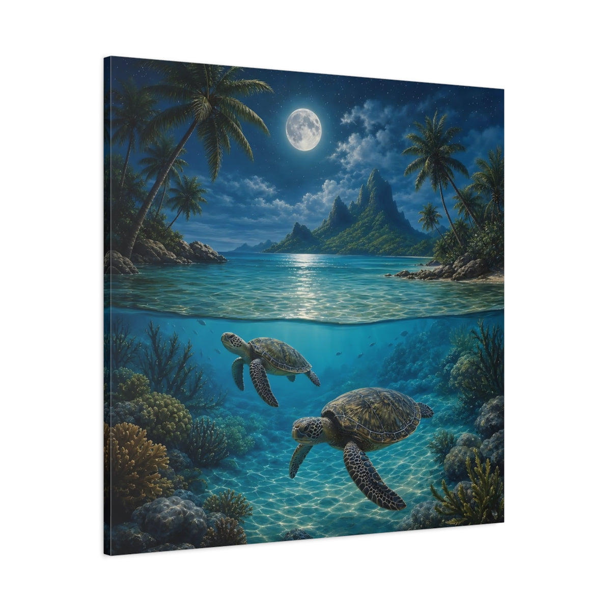 Side Mockup 1. Nature Sea Turtles Moonlit Ocean Turtles shown as stretched canvas wall art