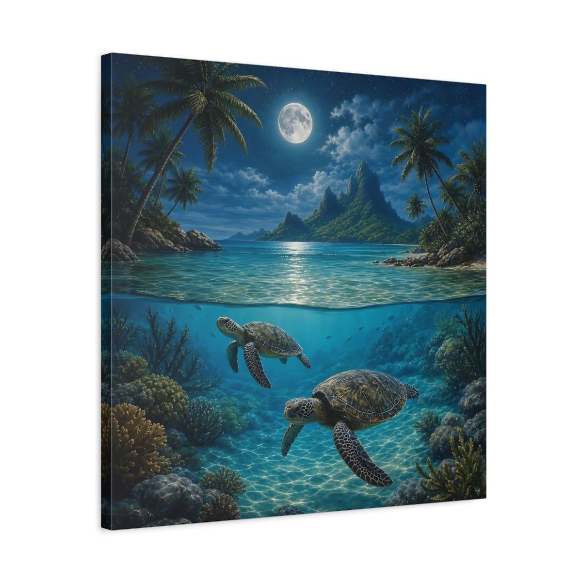 Side Mockup 4. Nature Sea Turtles Moonlit Ocean Turtles shown as stretched canvas wall art