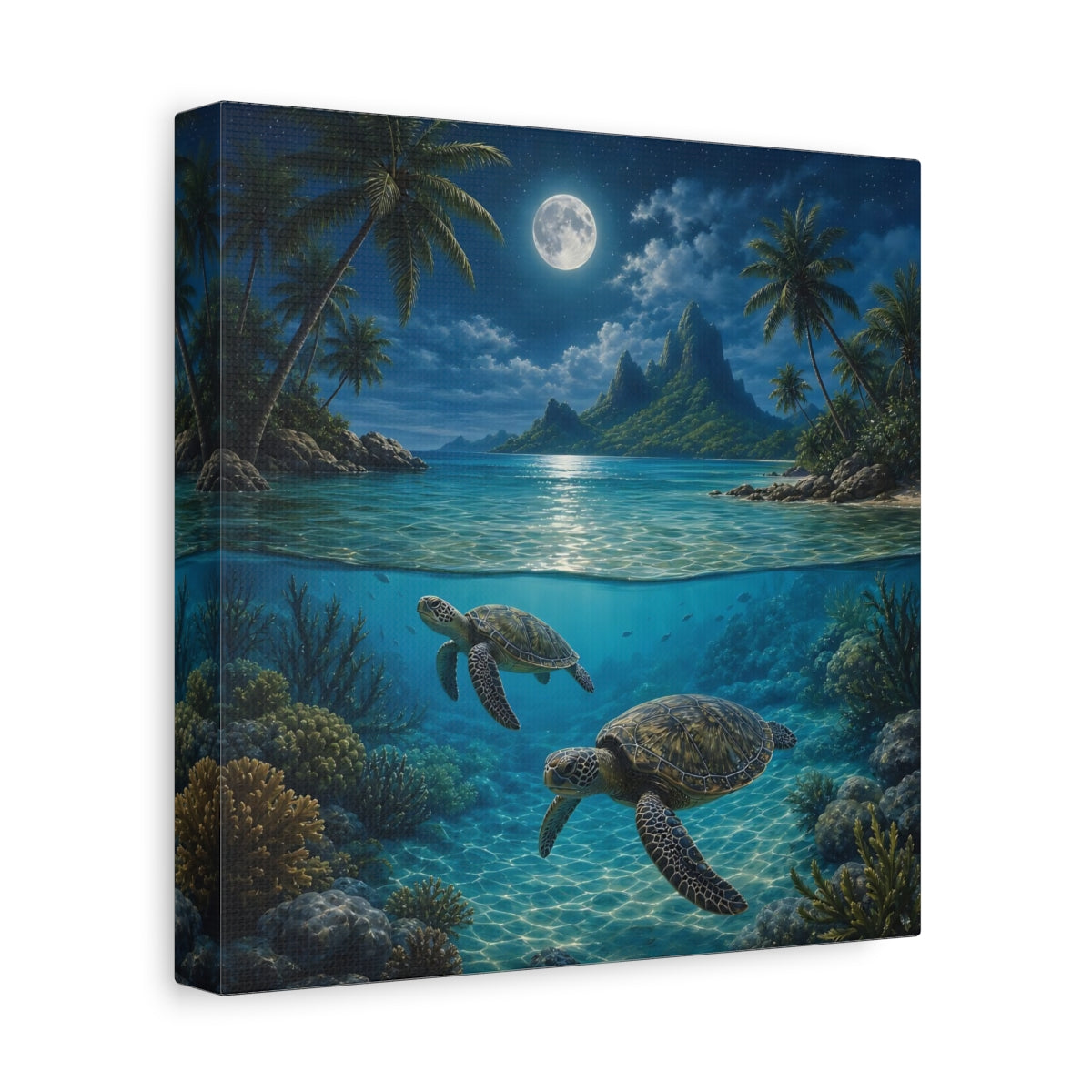 Side Mockup 9. Nature Sea Turtles Moonlit Ocean Turtles shown as stretched canvas wall art