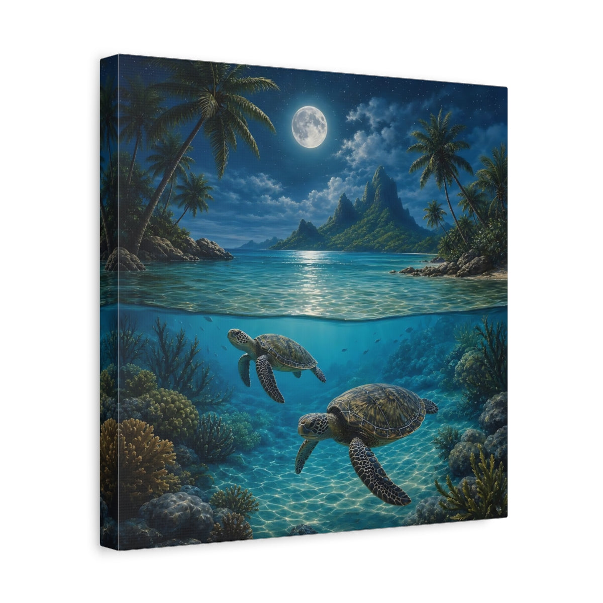 Side Mockup 7. Nature Sea Turtles Moonlit Ocean Turtles shown as stretched canvas wall art