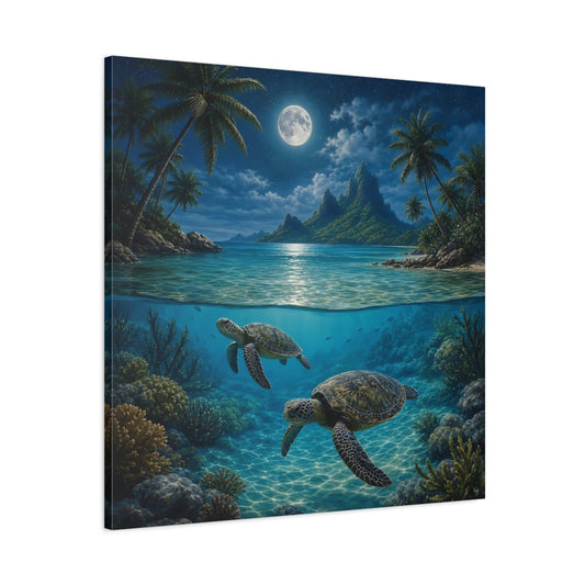 Main Mockup. Nature Sea Turtles Moonlit Ocean Turtles shown as stretched canvas wall art