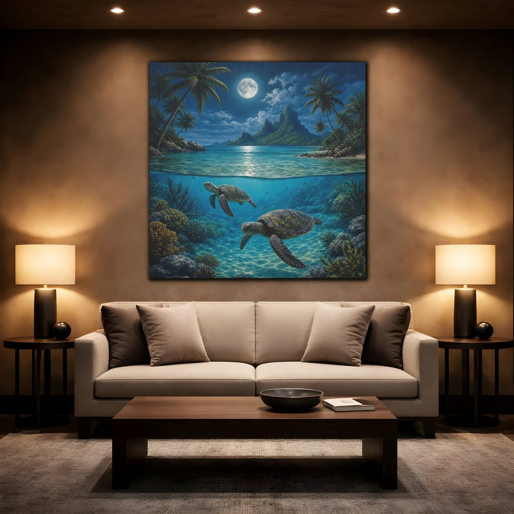 Mockup 2. Nature Sea Turtles Moonlit Ocean Turtles shown as stretched canvas wall art