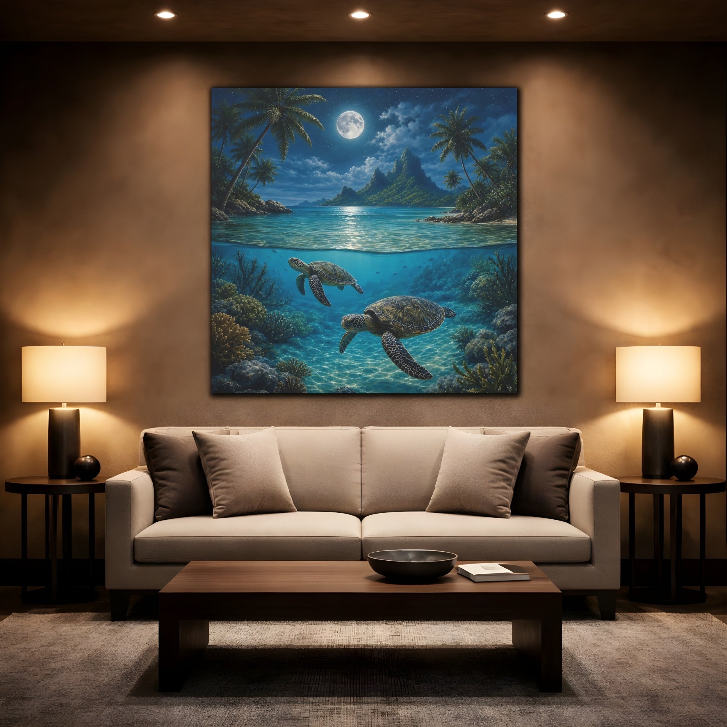 Mockup 2. Nature Sea Turtles Moonlit Ocean Turtles shown as stretched canvas wall art