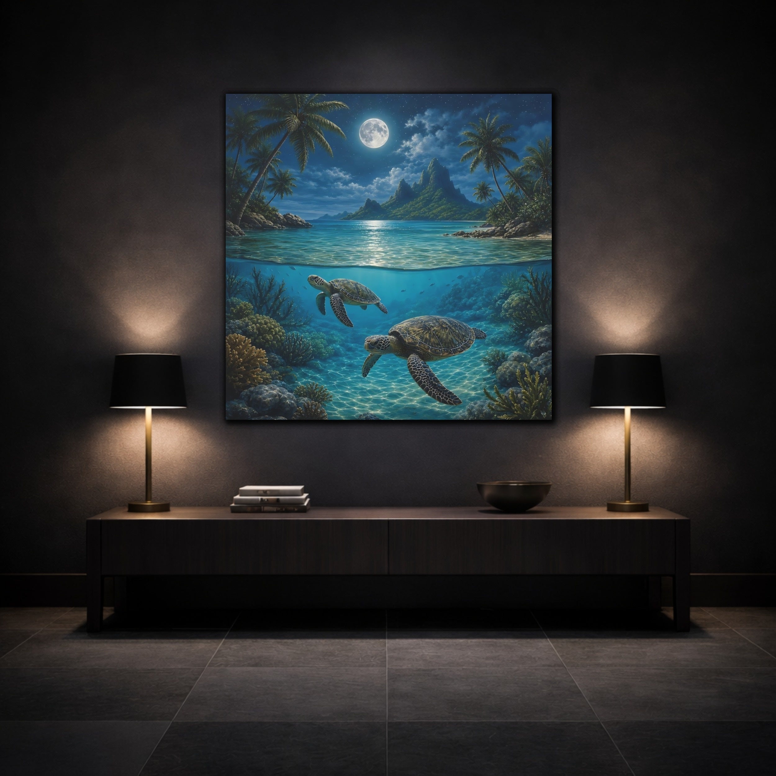 Mockup 3. Nature Sea Turtles Moonlit Ocean Turtles shown as stretched canvas wall art