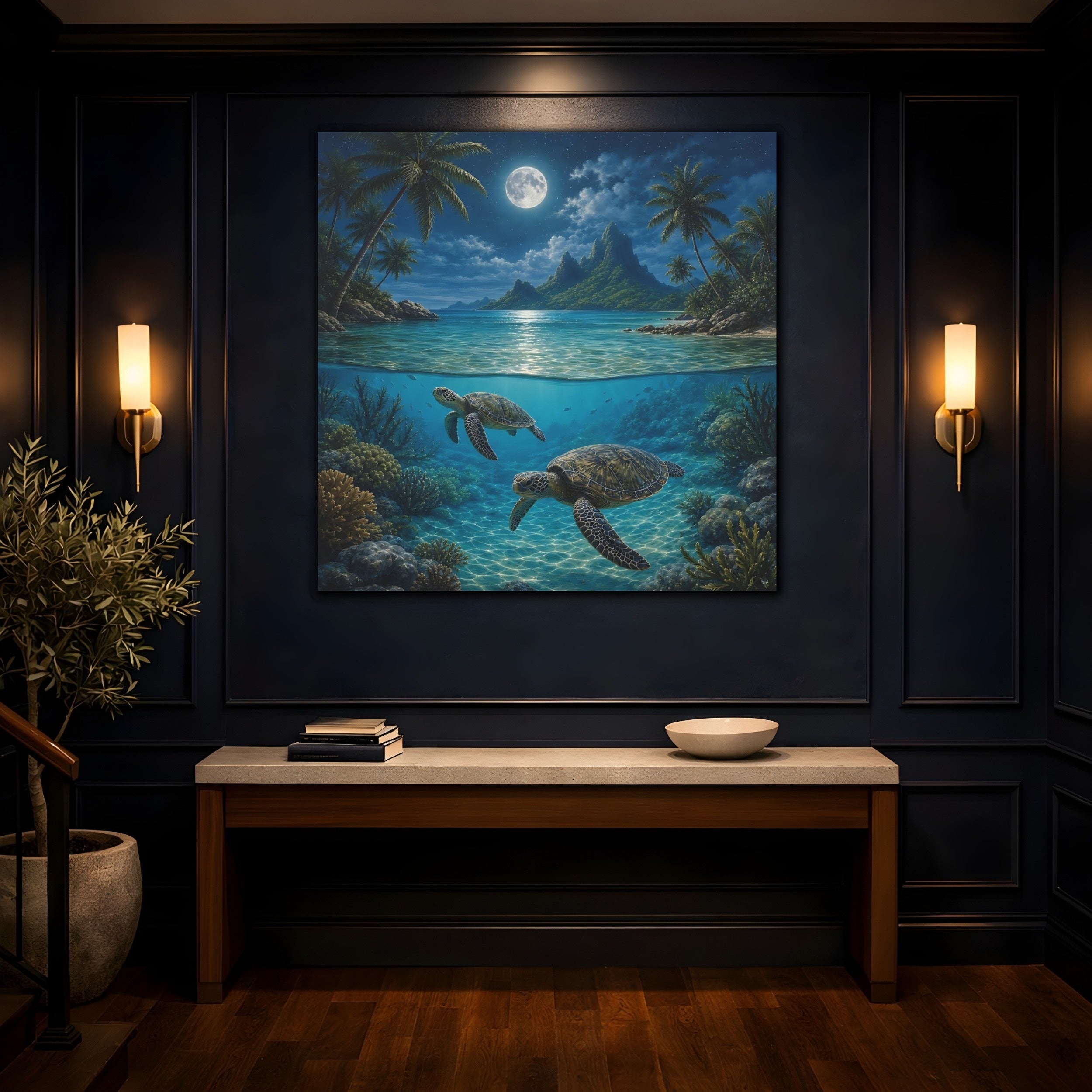 Mockup 4. Nature Sea Turtles Moonlit Ocean Turtles shown as stretched canvas wall art