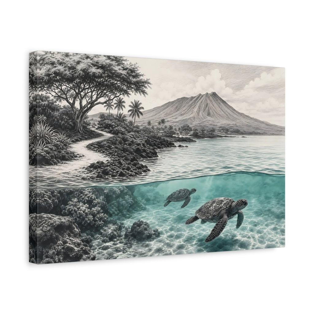 Side Mockup 4. Nature Sea Turtles Teal And Grey Seascape shown as stretched canvas wall art