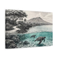 Side Mockup 4. Nature Sea Turtles Teal And Grey Seascape shown as stretched canvas wall art