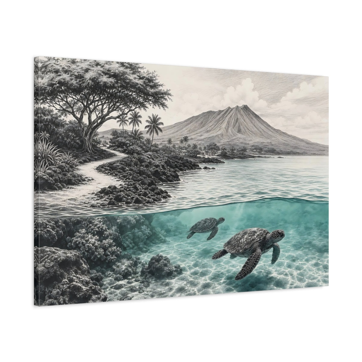 Main Mockup. Nature Sea Turtles Teal And Grey Seascape shown as stretched canvas wall art