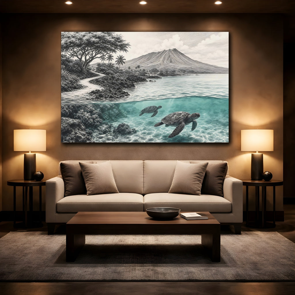 Mockup 2. Nature Sea Turtles Teal And Grey Seascape shown as stretched canvas wall art