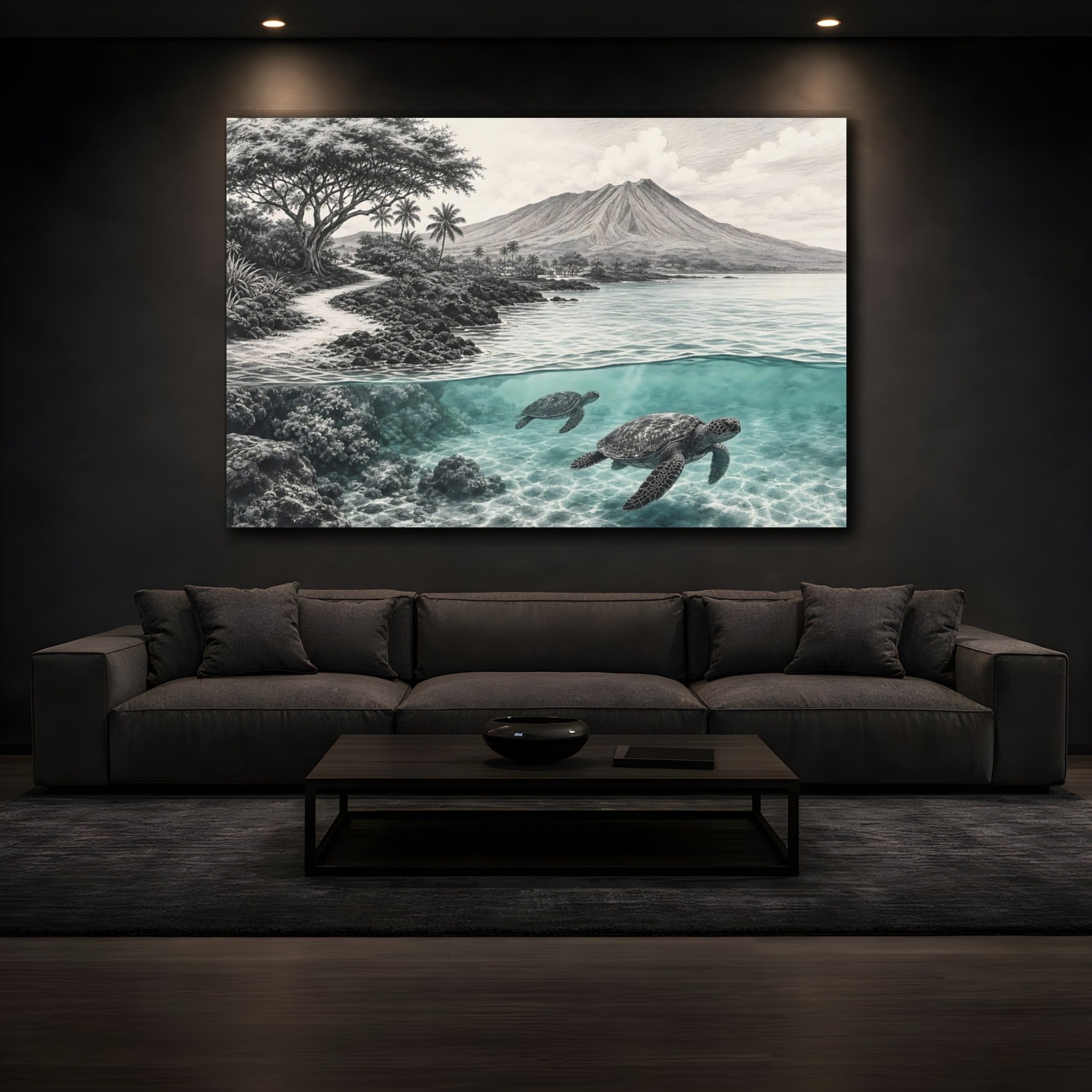 Mockup 3. Nature Sea Turtles Teal And Grey Seascape shown as stretched canvas wall art