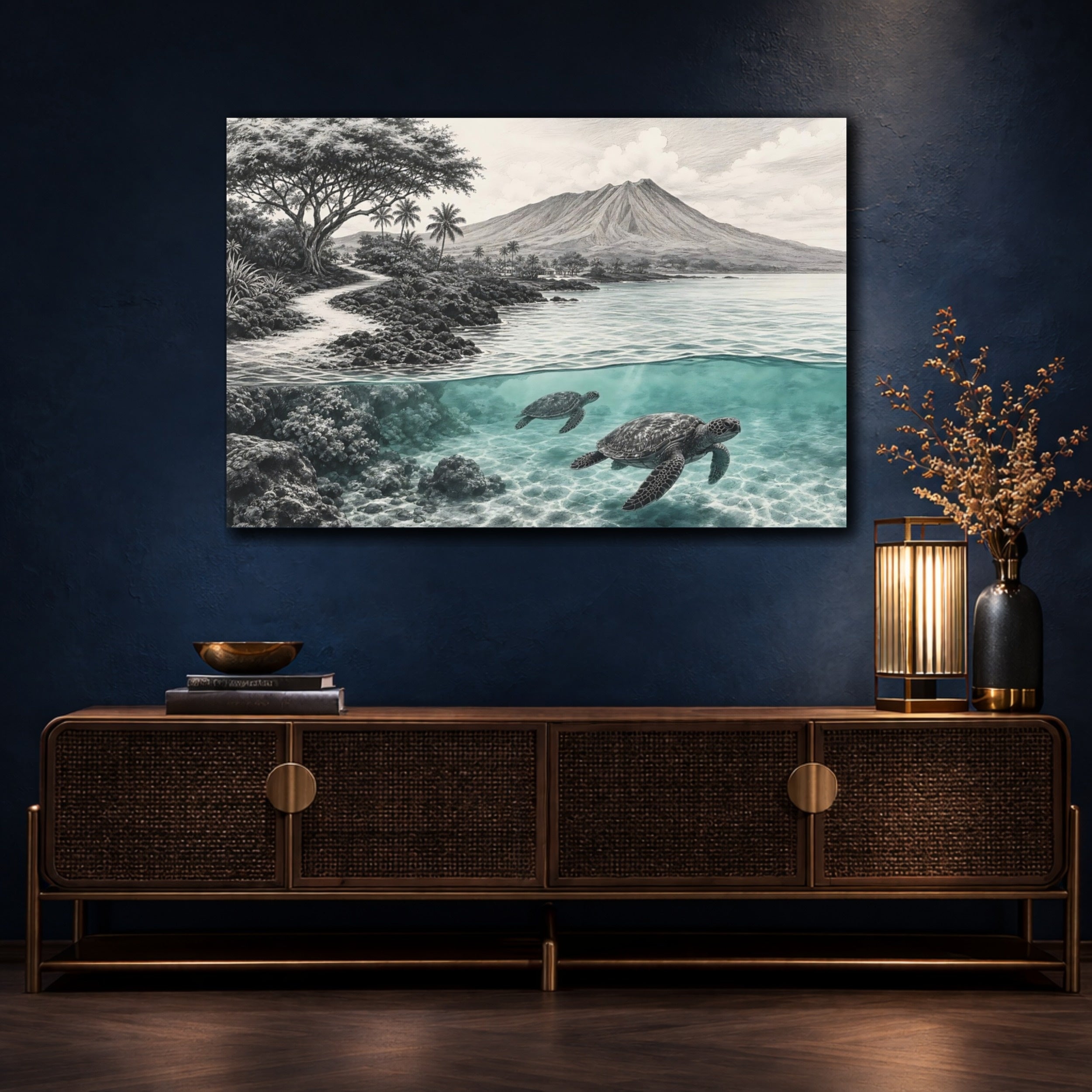 Mockup 4. Nature Sea Turtles Teal And Grey Seascape shown as stretched canvas wall art