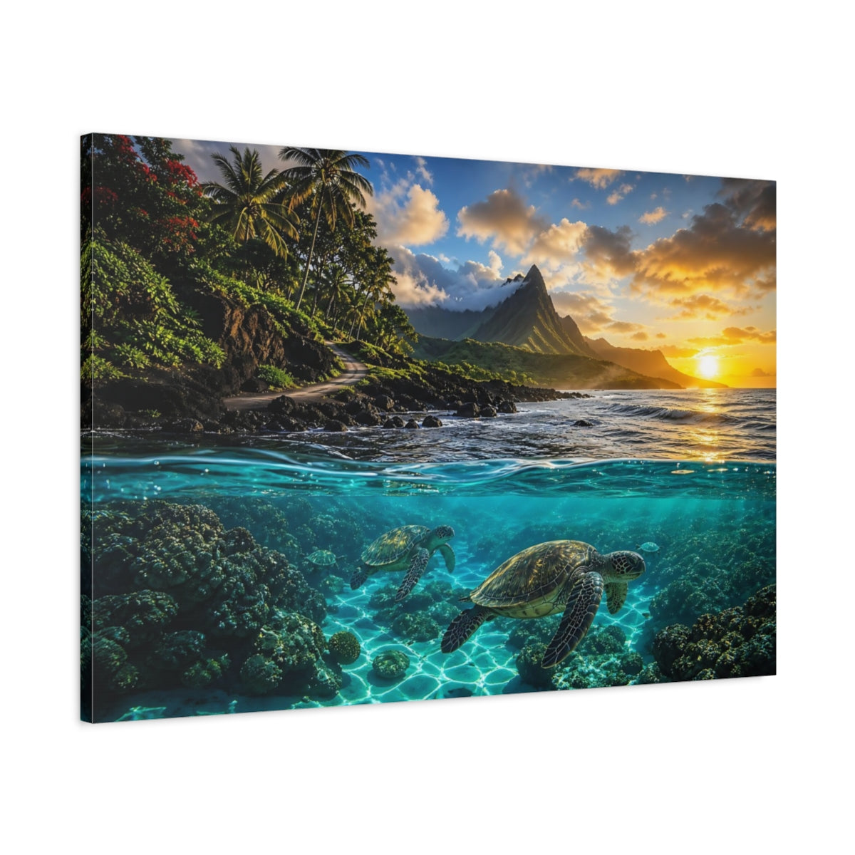 Main Mockup. Nature Sea Turtles Tropical Ocean Sunset shown as stretched canvas wall art