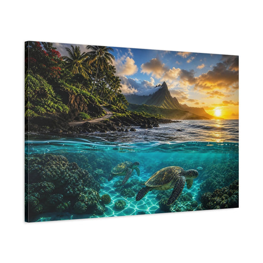 Main Mockup. Nature Sea Turtles Tropical Ocean Sunset shown as stretched canvas wall art