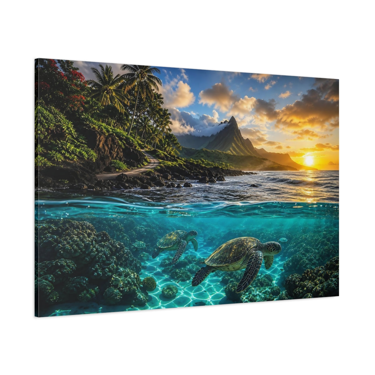 Side Mockup 1. Nature Sea Turtles Tropical Ocean Sunset shown as stretched canvas wall art