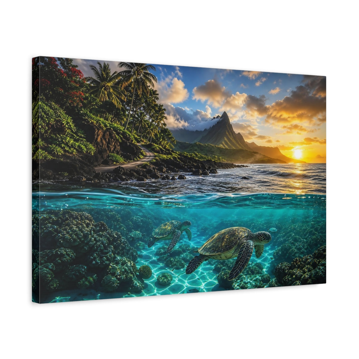 Side Mockup 3. Nature Sea Turtles Tropical Ocean Sunset shown as stretched canvas wall art