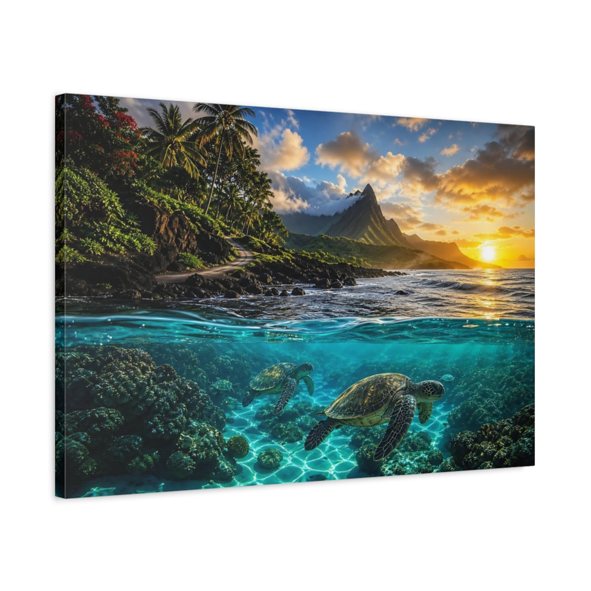 Side Mockup 2. Nature Sea Turtles Tropical Ocean Sunset shown as stretched canvas wall art