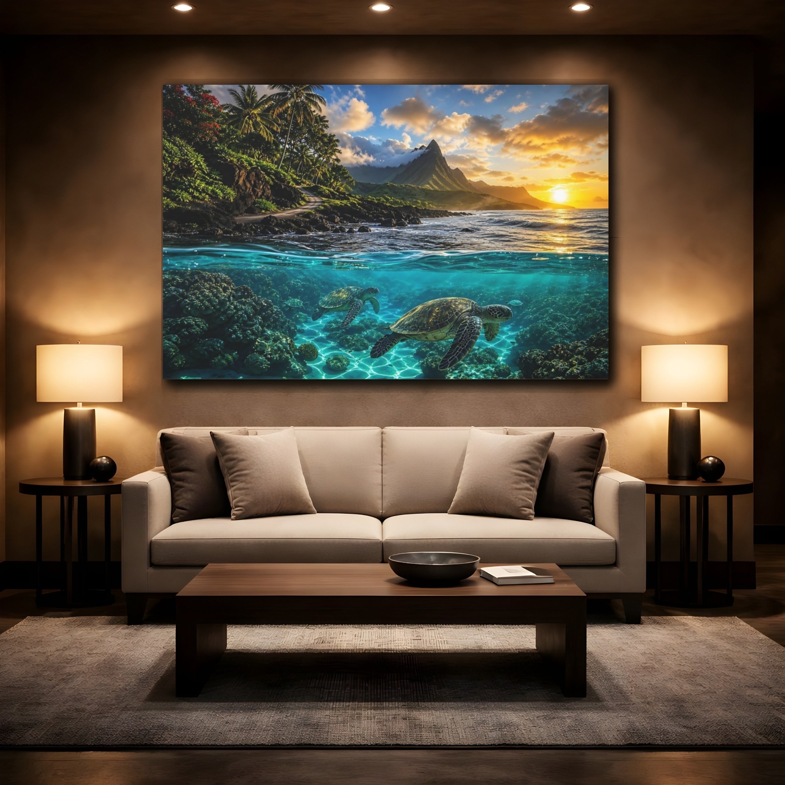 Mockup 2. Nature Sea Turtles Tropical Ocean Sunset shown as stretched canvas wall art