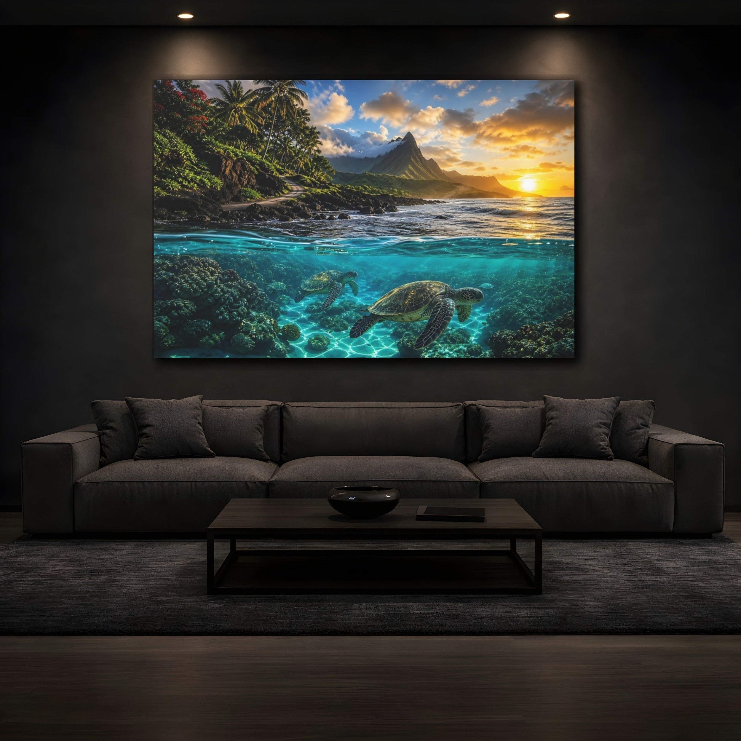Mockup 3. Nature Sea Turtles Tropical Ocean Sunset shown as stretched canvas wall art