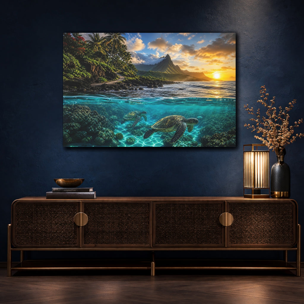 Mockup 4. Nature Sea Turtles Tropical Ocean Sunset shown as stretched canvas wall art