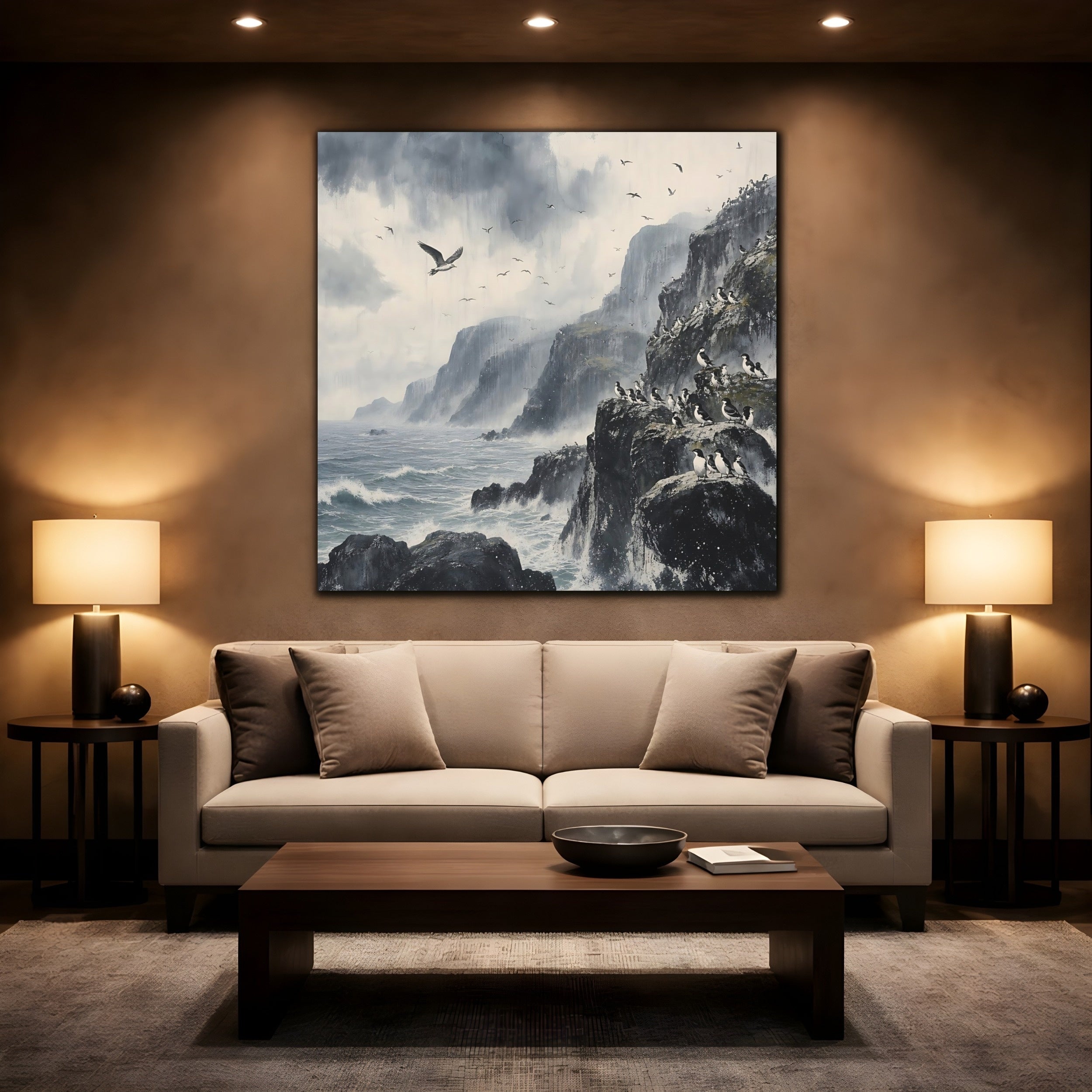 Mockup 2. Nature Seabirds Stormy Seascape shown as stretched canvas wall art