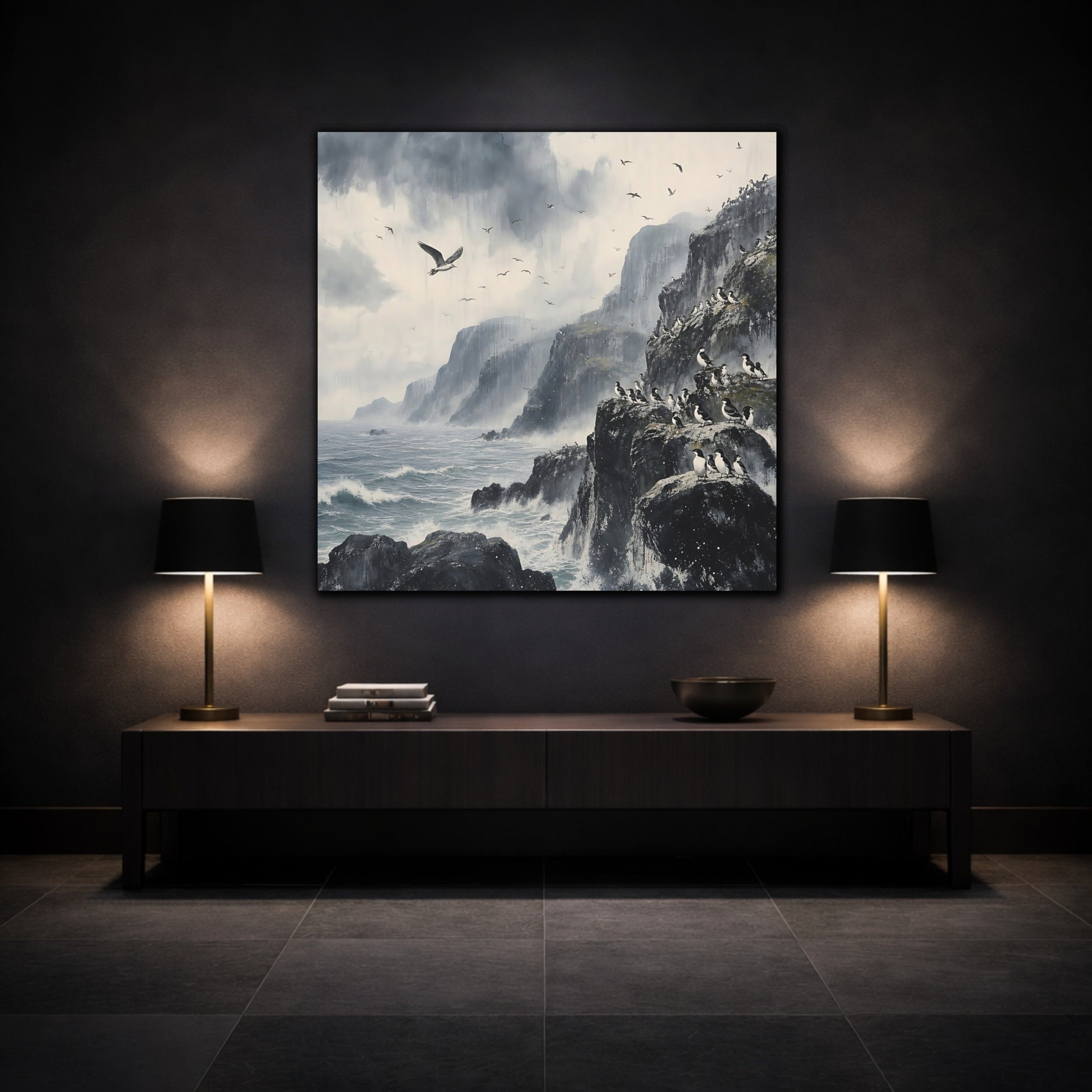 Mockup 3. Nature Seabirds Stormy Seascape shown as stretched canvas wall art