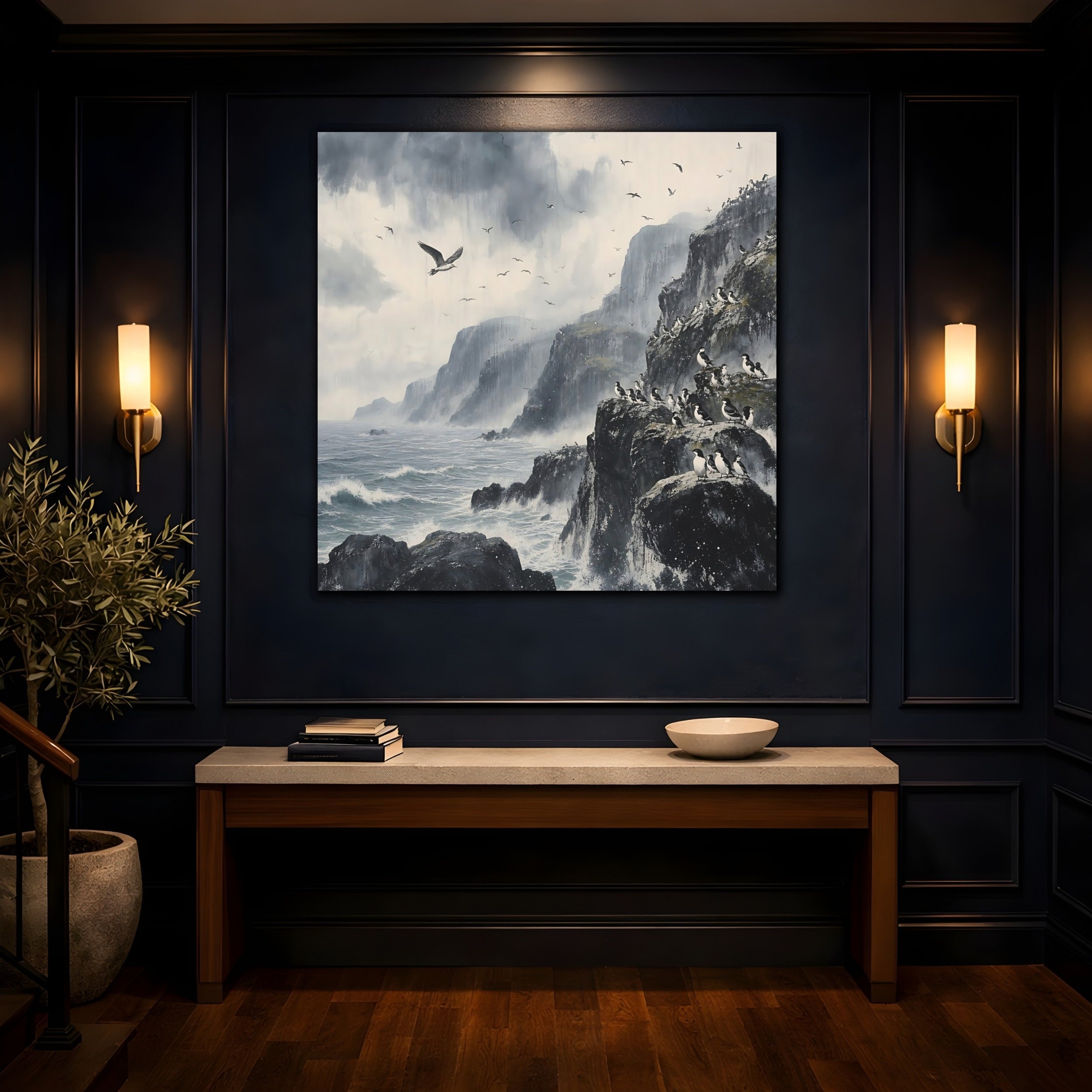 Mockup 4. Nature Seabirds Stormy Seascape shown as stretched canvas wall art