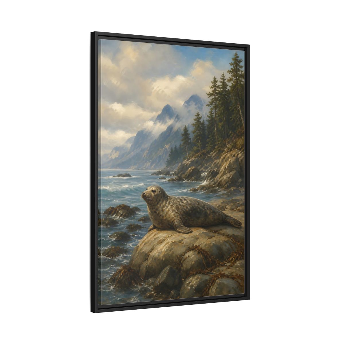 Side Mockup 13. Nature Seal Coastal Seal Landscape shown as stretched canvas wall art