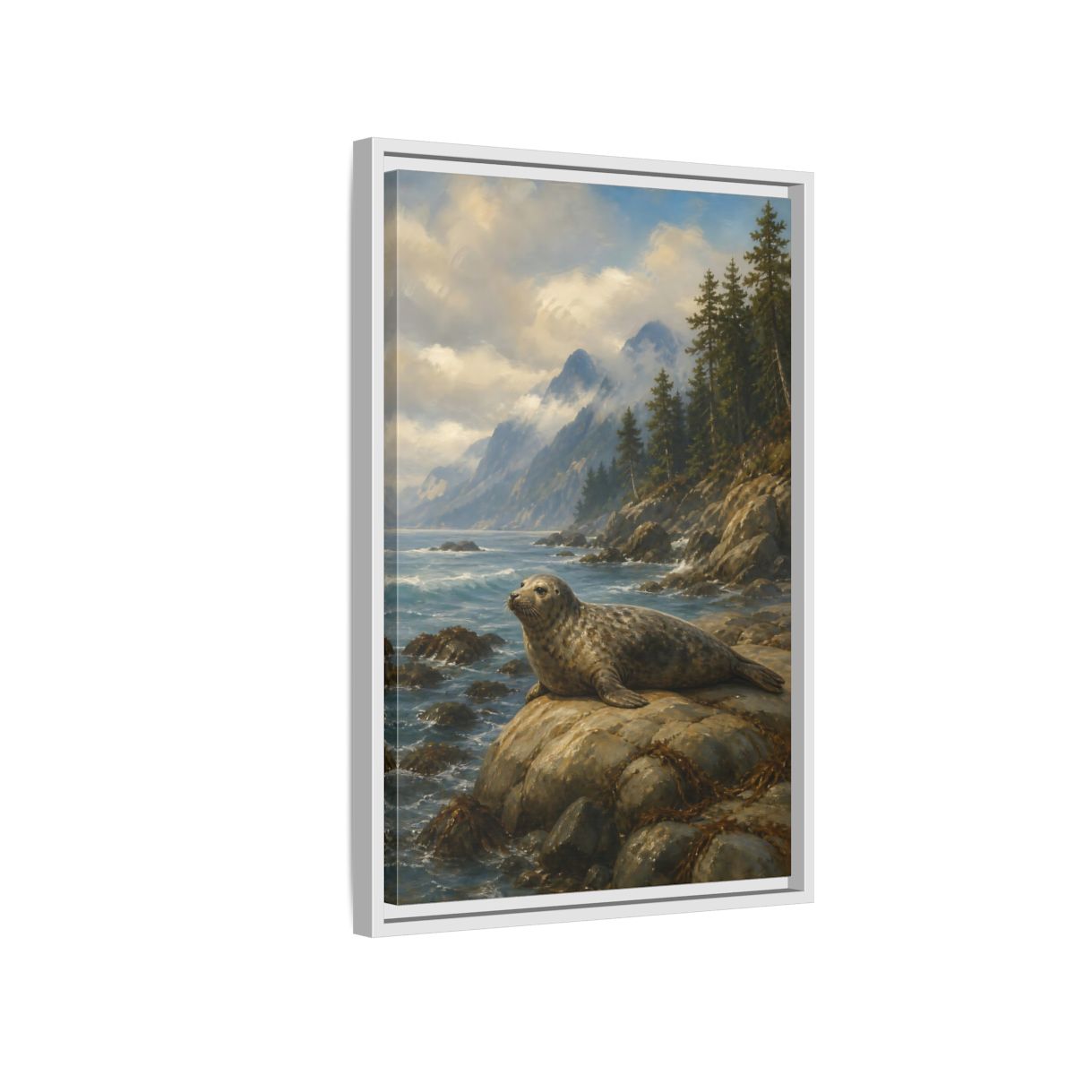Side Mockup 1. Nature Seal Coastal Seal Landscape shown as stretched canvas wall art