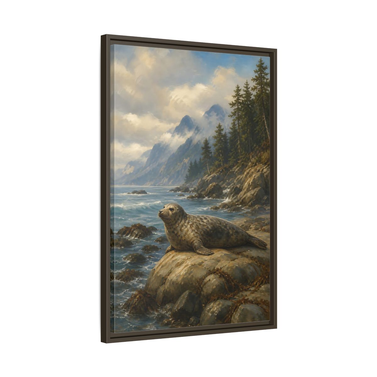 Side Mockup 11. Nature Seal Coastal Seal Landscape shown as stretched canvas wall art