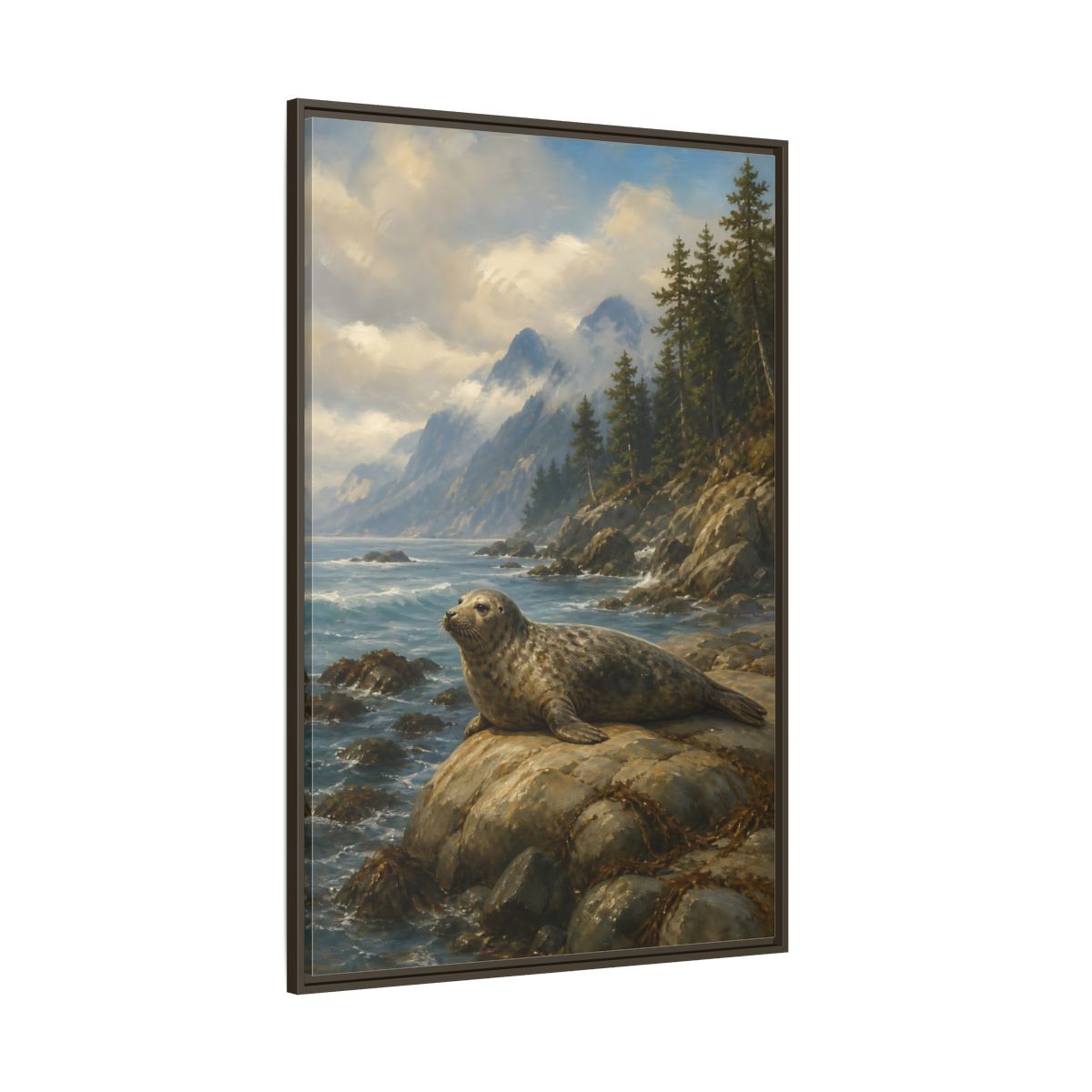 Side Mockup 8. Nature Seal Coastal Seal Landscape shown as stretched canvas wall art