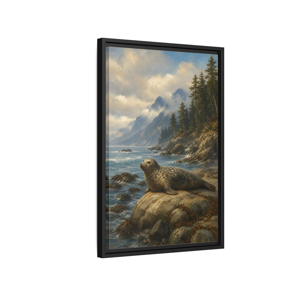 Side Mockup 3. Nature Seal Coastal Seal Landscape shown as stretched canvas wall art