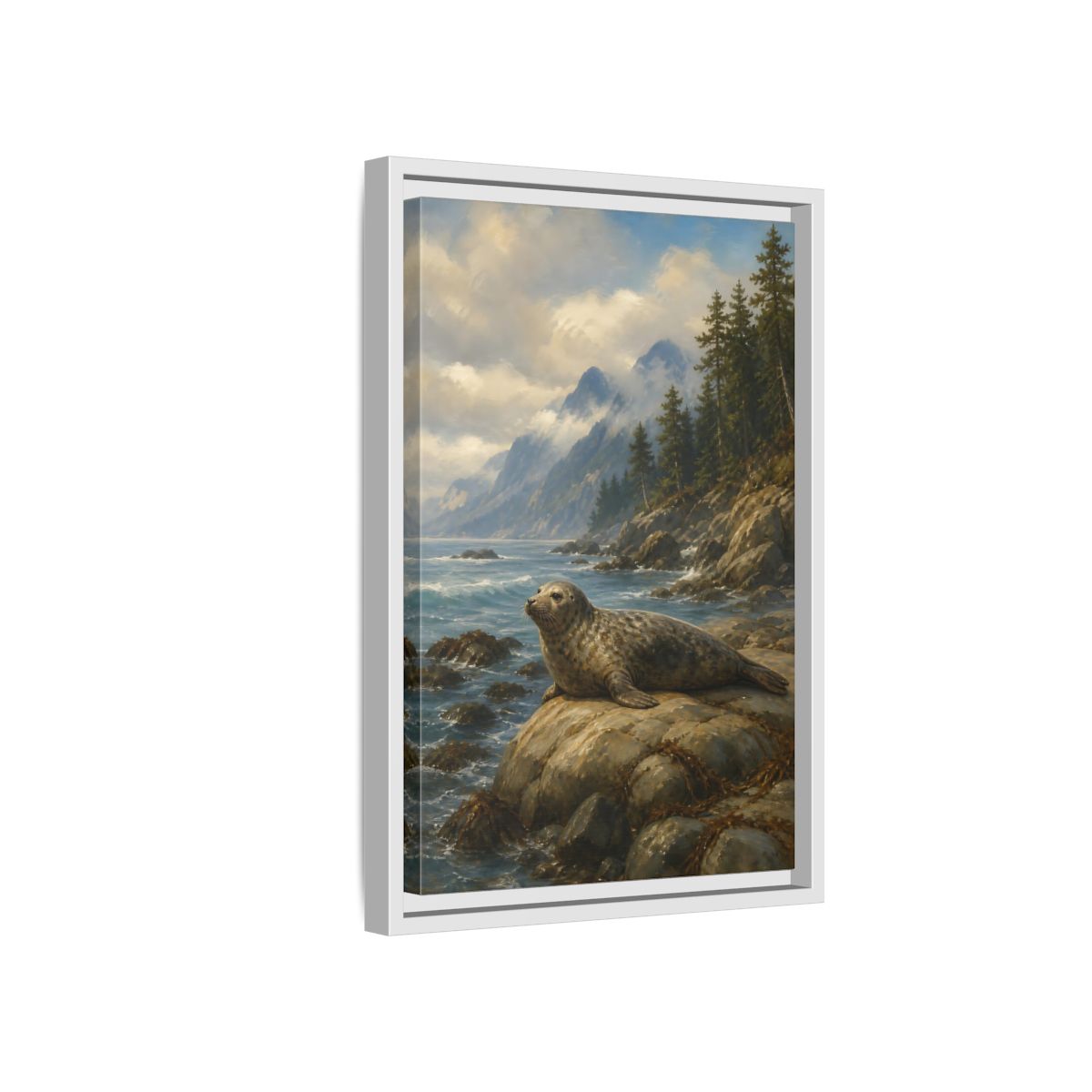 Side Mockup 4. Nature Seal Coastal Seal Landscape shown as stretched canvas wall art