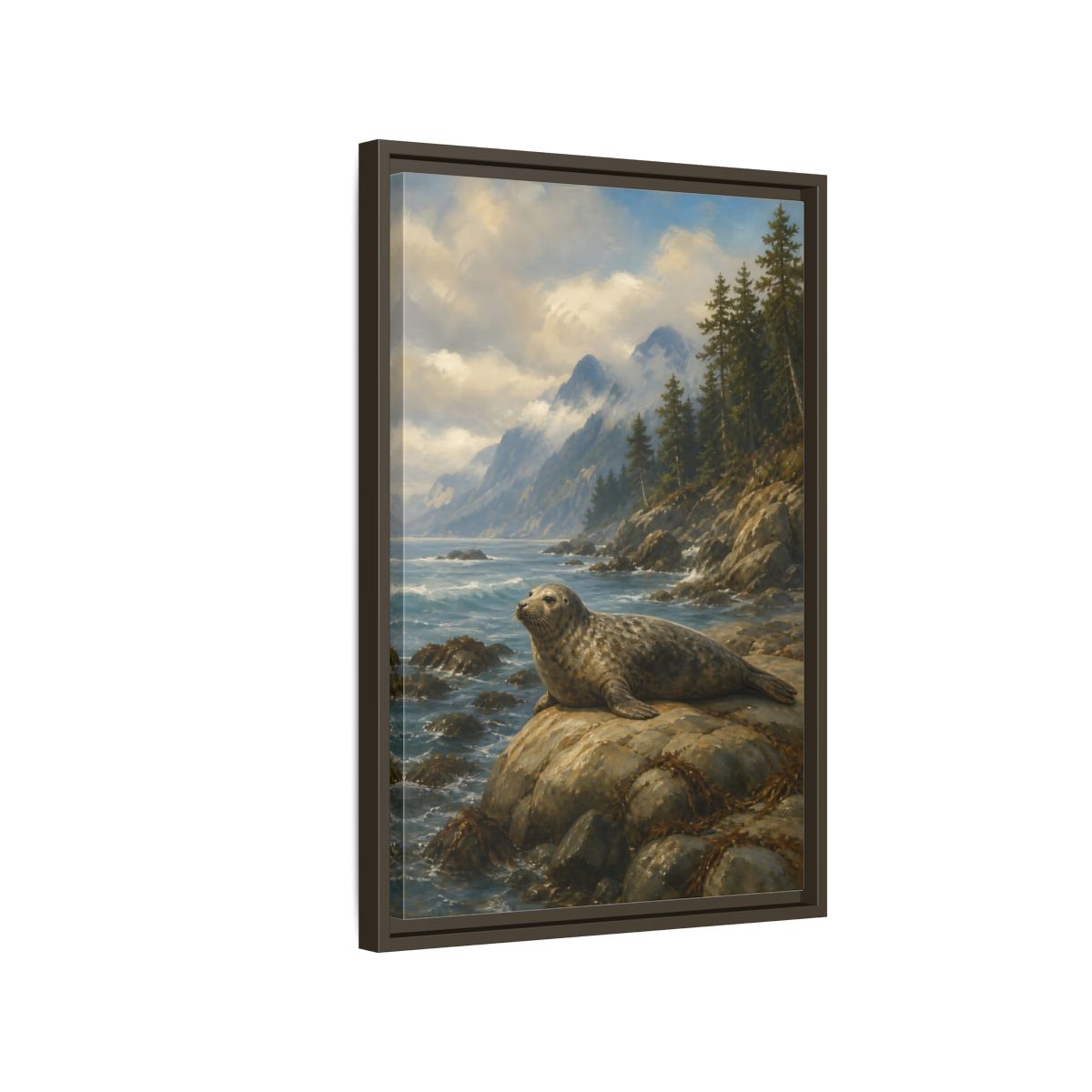 Side Mockup 2. Nature Seal Coastal Seal Landscape shown as stretched canvas wall art