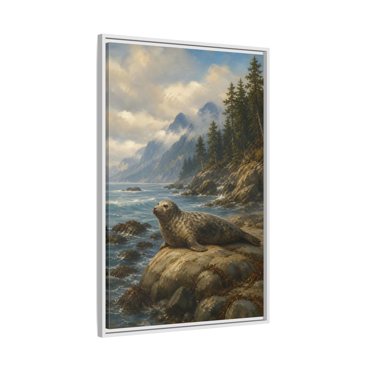 Side Mockup 9. Nature Seal Coastal Seal Landscape shown as stretched canvas wall art
