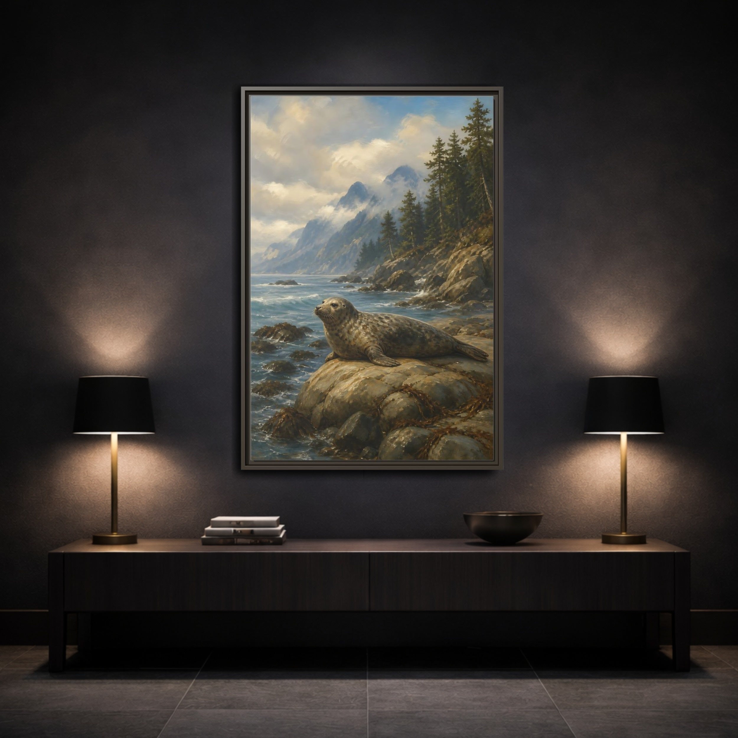 Mockup 3. Nature Seal Coastal Seal Landscape shown as stretched canvas wall art