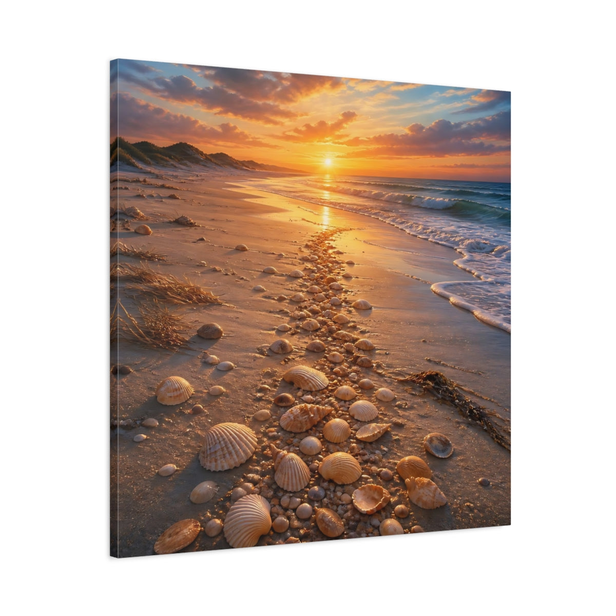 Main Mockup. Nature Seashell Path Orange Blue Sunset shown as stretched canvas wall art