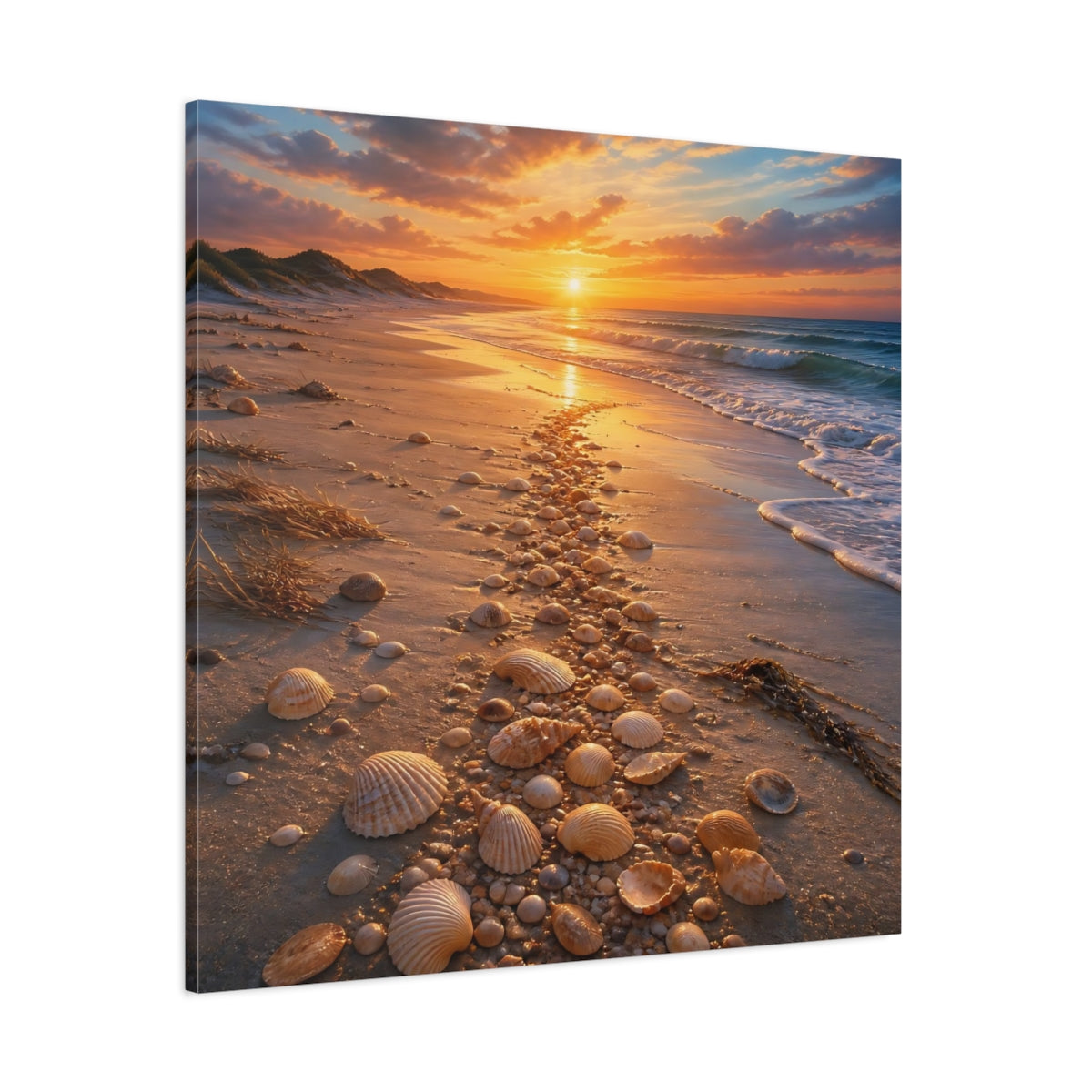 Side Mockup 1. Nature Seashell Path Orange Blue Sunset shown as stretched canvas wall art