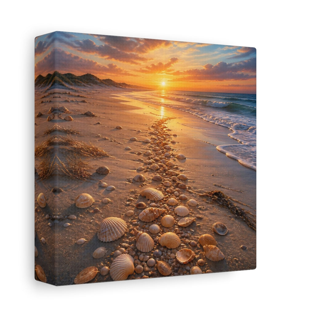 Side Mockup 2. Nature Seashell Path Orange Blue Sunset shown as stretched canvas wall art