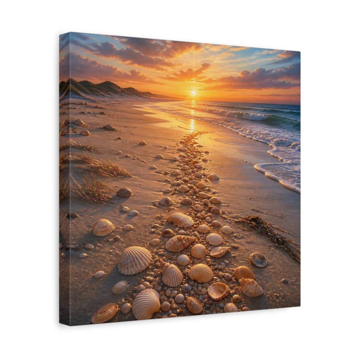 Side Mockup 7. Nature Seashell Path Orange Blue Sunset shown as stretched canvas wall art