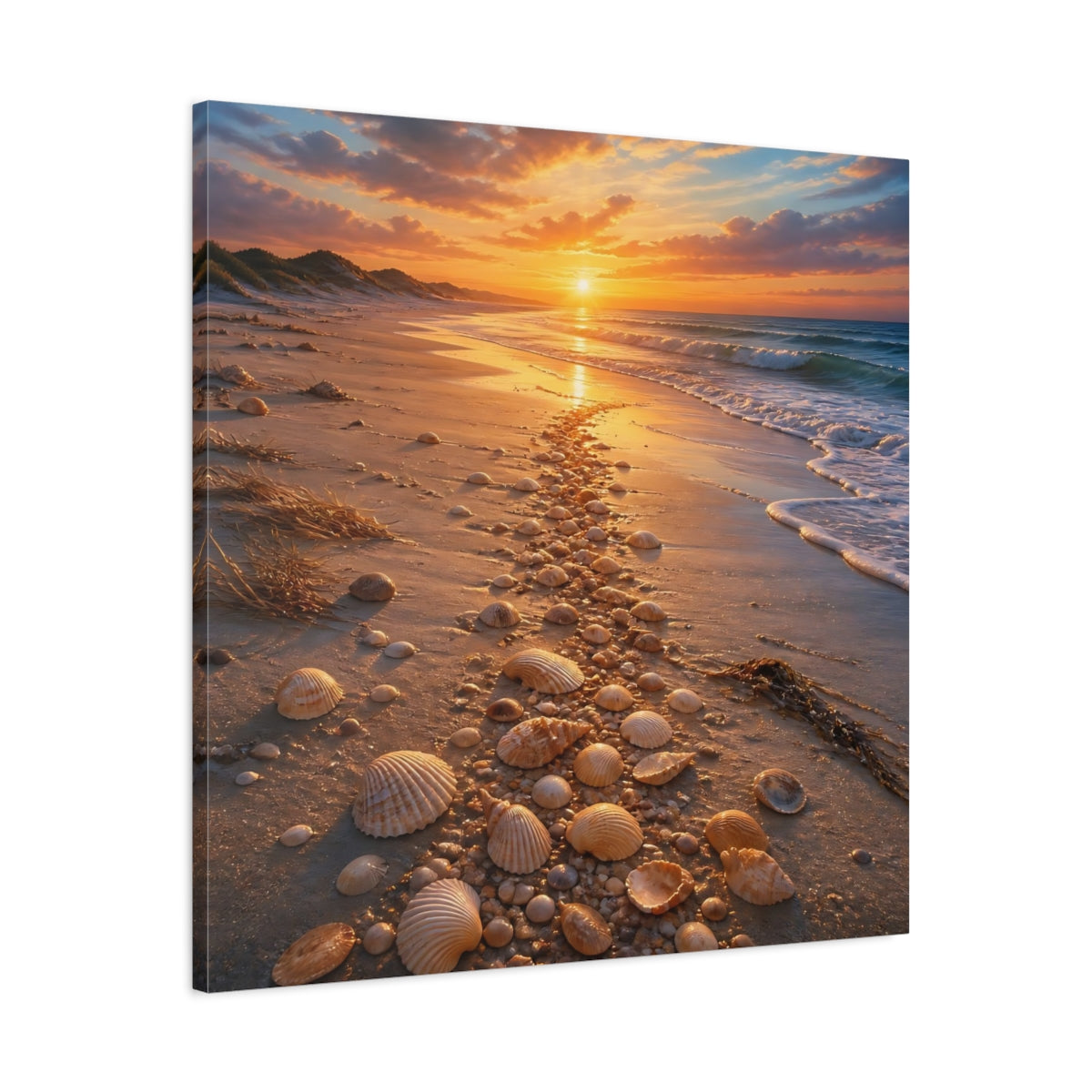 Side Mockup 3. Nature Seashell Path Orange Blue Sunset shown as stretched canvas wall art