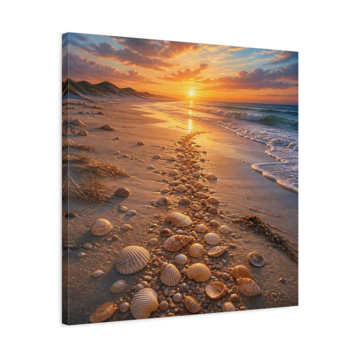Side Mockup 4. Nature Seashell Path Orange Blue Sunset shown as stretched canvas wall art