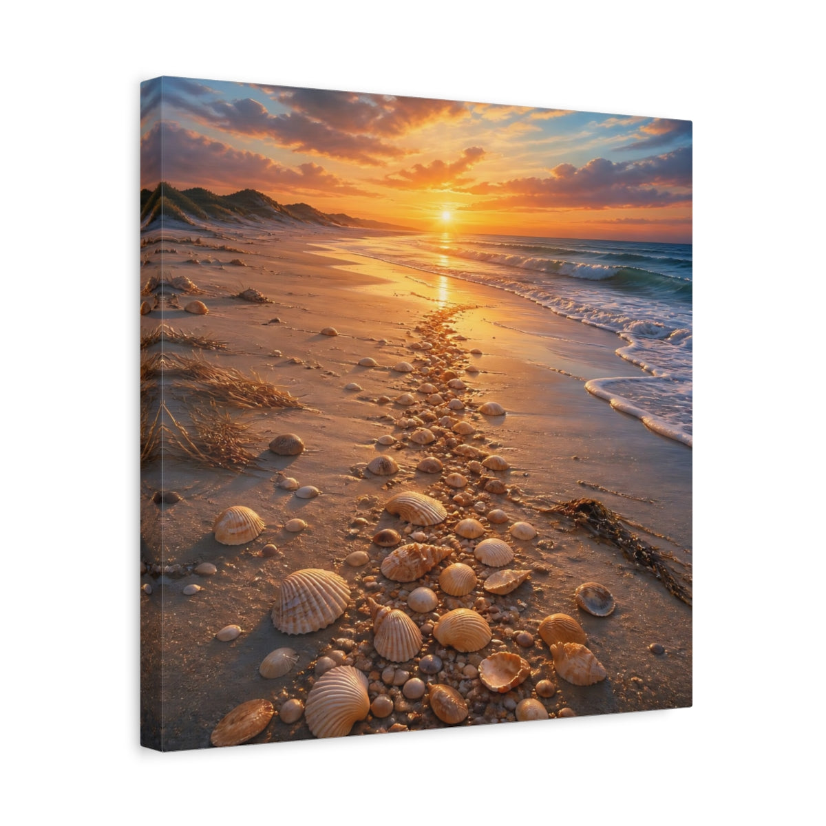 Side Mockup 6. Nature Seashell Path Orange Blue Sunset shown as stretched canvas wall art
