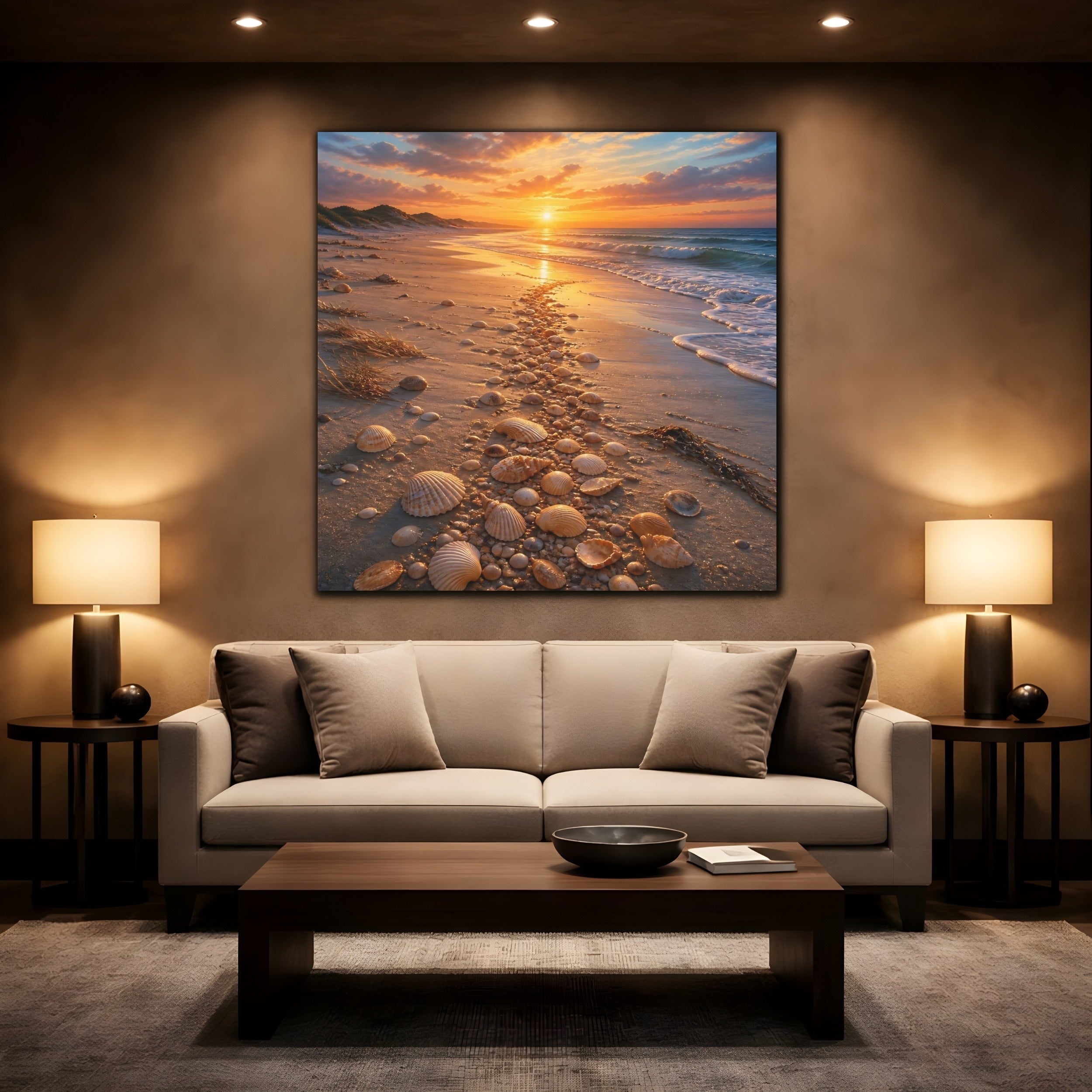 Mockup 2. Nature Seashell Path Orange Blue Sunset shown as stretched canvas wall art