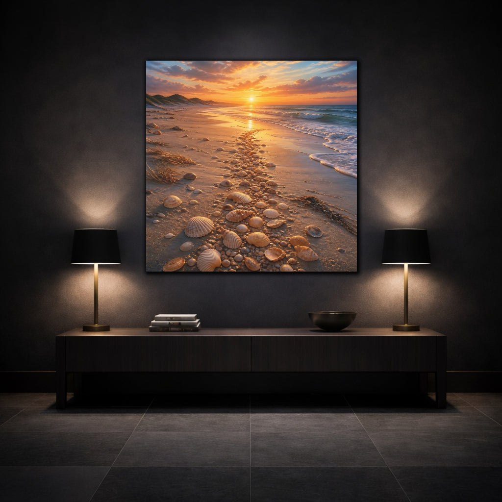 Mockup 3. Nature Seashell Path Orange Blue Sunset shown as stretched canvas wall art